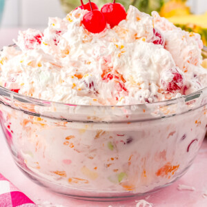 A close up picture of the finished Ambrosia Salad in a serving bowl.