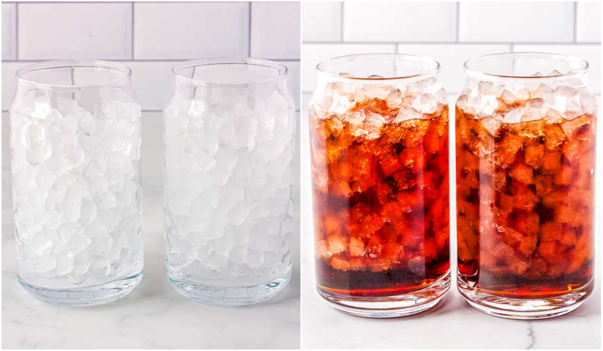 Pebble ice added to glasses and then Dr Pepper poured in.