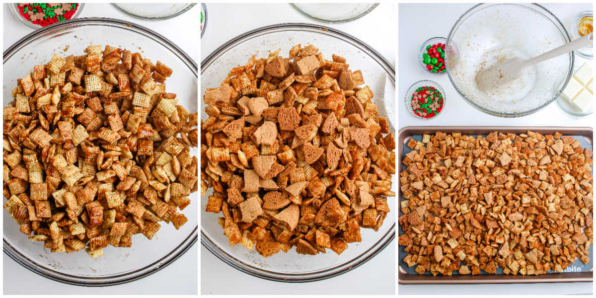 Step-by-step collage showing cereal coated in gingerbread spice mixture, mixed with gingersnap pieces, and spread on a baking sheet before drizzling.
