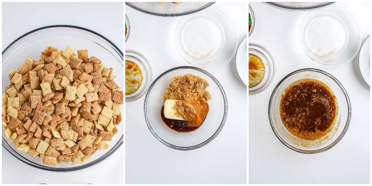 Step-by-step collage showing plain Chex cereal, butter mixture with brown sugar and molasses, and spiced coating ready to pour over cereal for Gingerbread Puppy Chow.