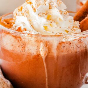 Side view of a glass mug of hot chocolate overflowing slightly with whipped cream and sprinkled cinnamon for a cozy, homemade look.