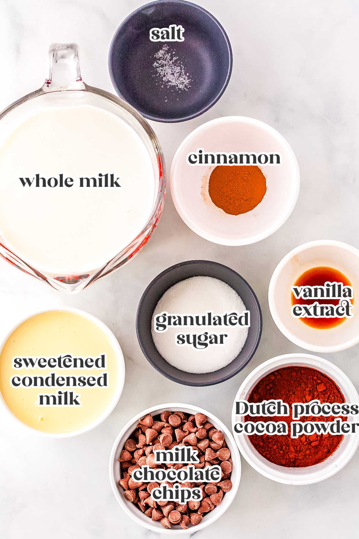 Overhead view of ingredients for Cinnamon Hot Chocolate, including whole milk, cocoa powder, sugar, chocolate chips, sweetened condensed milk, cinnamon, vanilla, and salt arranged in bowls.