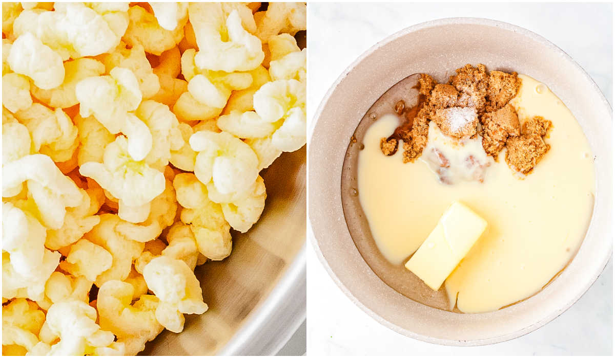 Side by side images showing plain puffed corn in a bowl and butter, brown sugar, condensed milk and corn syrup melting together in a pot.