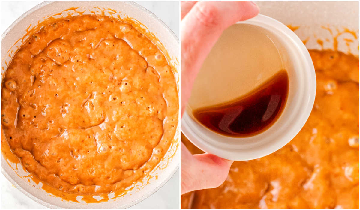 Side by side images showing bubbling caramel cooking in a pot and a hand adding vanilla extract.