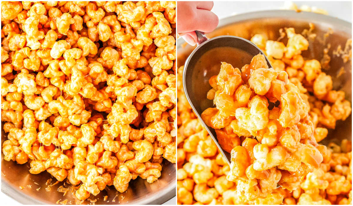 Side by side images featuring a bowl filled with cooled caramel puffed corn and a scoop lifting a portion from the bowl.