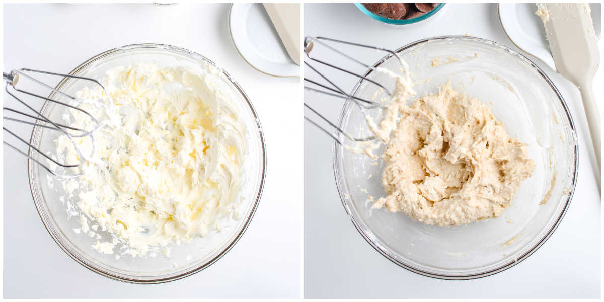 Side by side images showing cream cheese beaten until fluffy, then mixed with powdered sugar, vanilla, and graham cracker crumbs to form the cheesecake truffle filling.
