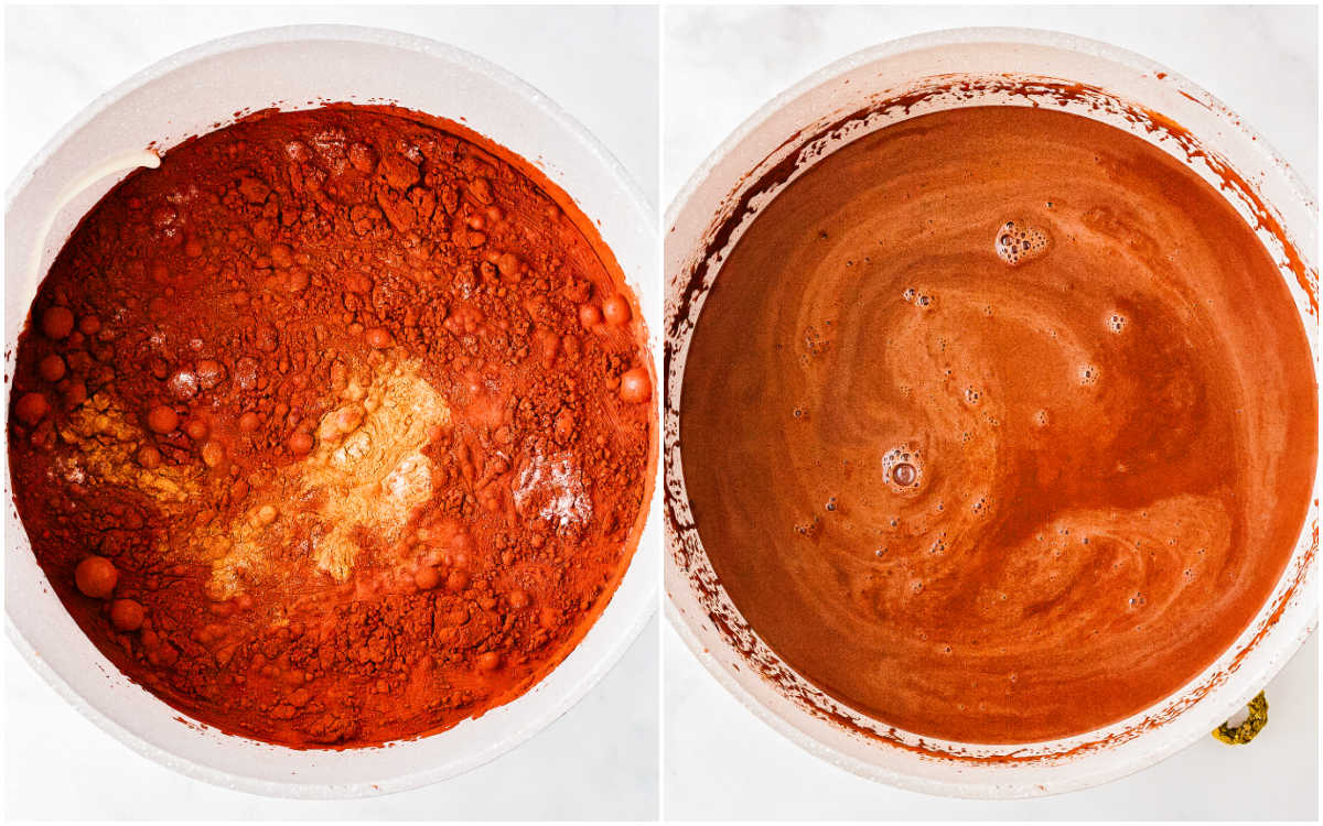 Side-by-side photo collage showing the process of mixing cocoa powder and milk in a pot on the left and smooth melted hot chocolate on the right.