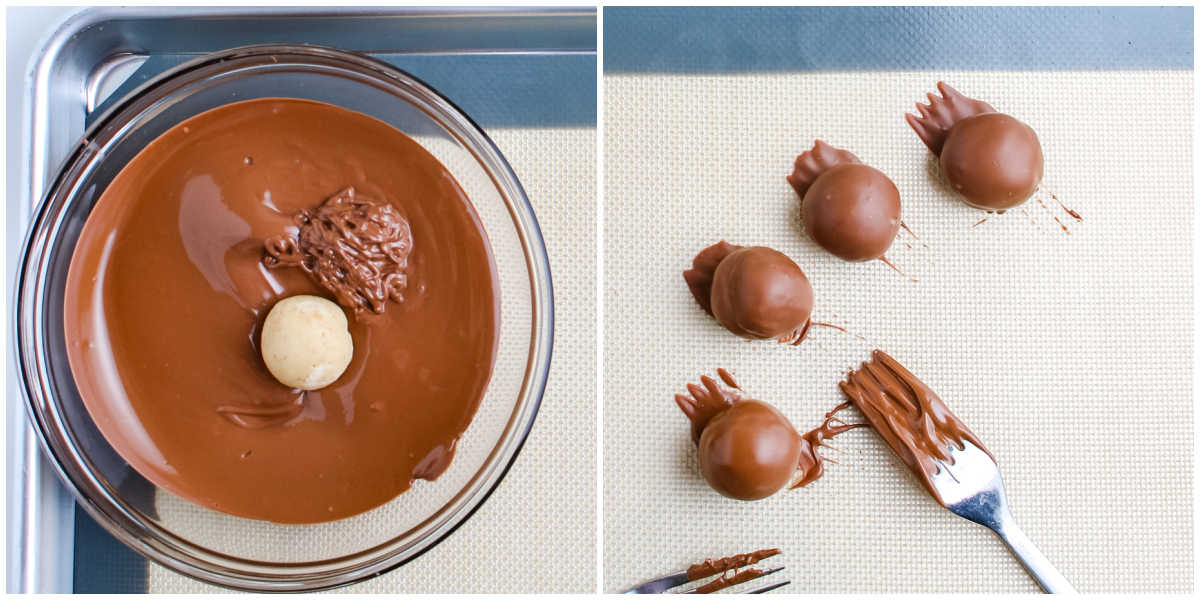A truffle center being dipped into a bowl of melted chocolate and freshly dipped cheesecake truffles resting on a silicone mat to set.