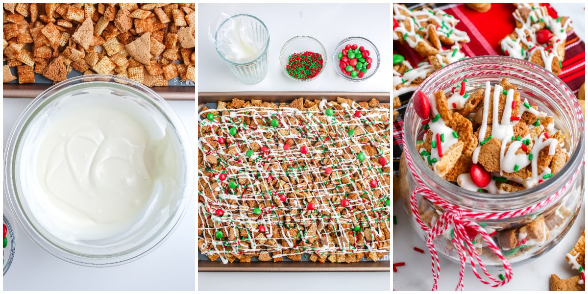 Three-picture collage: melted white chocolate in a bowl, snack mix spread on a baking sheet with candy and sprinkles, and finished mix in a jar tied with twine.
