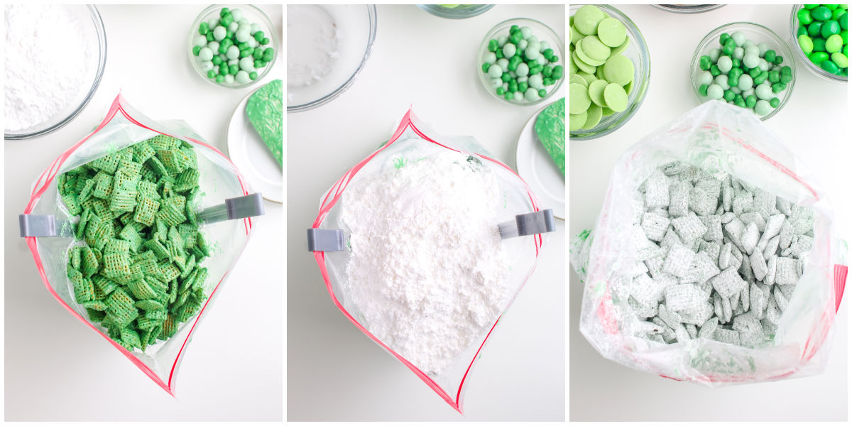 Three step collage showing green coated cereal in a bag, cereal covered with powdered sugar, and finished green puppy chow coated evenly.
