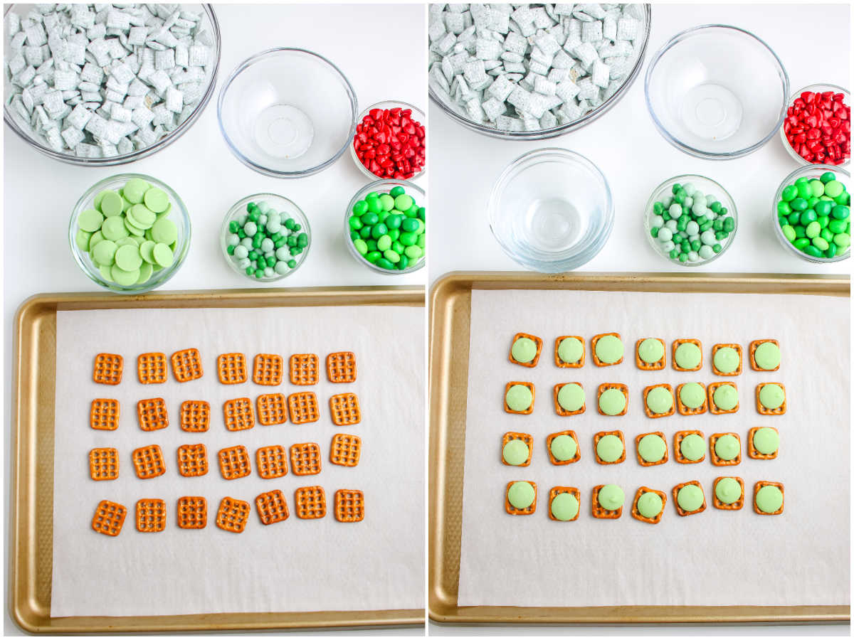 Side by side images of square pretzels lined on a baking sheet and pretzels topped with melted green candy discs before adding heart sprinkles.