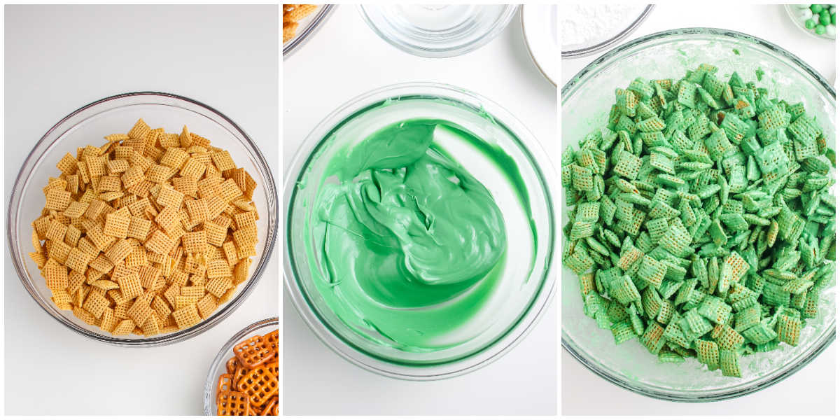 Collage showing a bowl of plain Chex cereal, a bowl of melted green candy melts, and cereal fully coated in the melted green candy.
