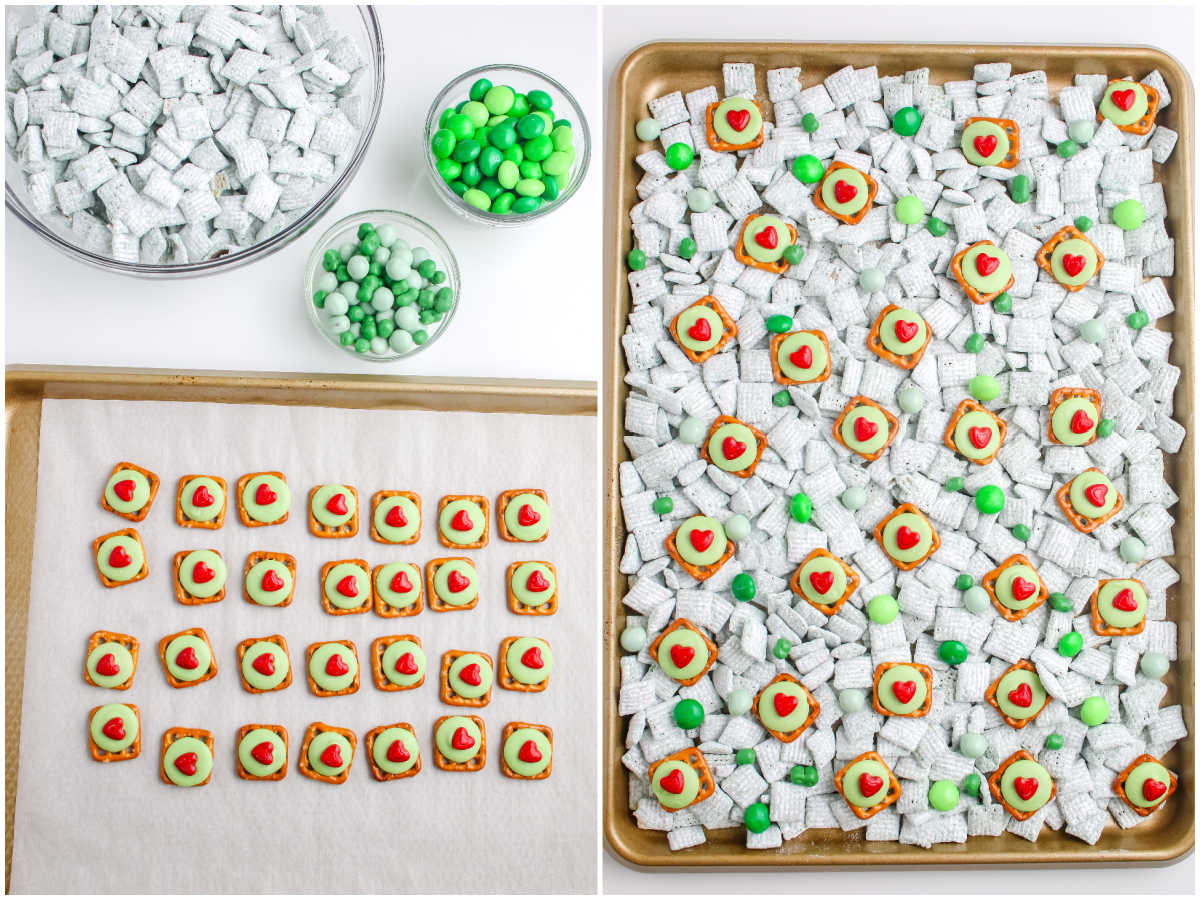 Two image collage showing a tray of heart topped Grinch pretzels ready to cool and the completed Grinch Snack Mix spread on a baking sheet with green candies.