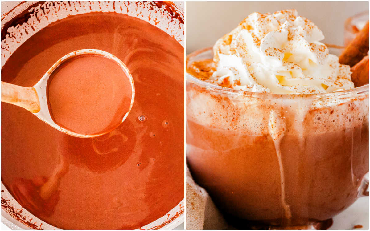 Two-photo collage showing a ladle of rich hot chocolate on the left and a mug topped with whipped cream and cinnamon on the right, ready to serve.