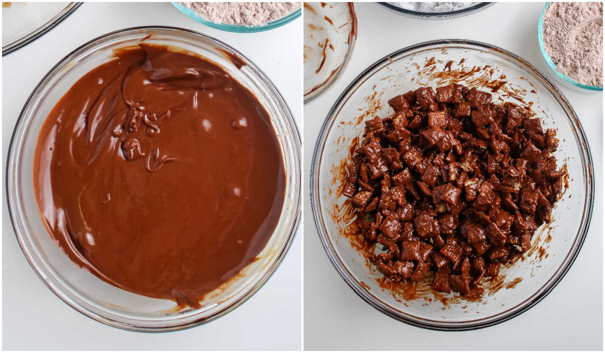 Chex cereal coated in warm melted chocolate mixture inside a large mixing bowl for puppy chow.