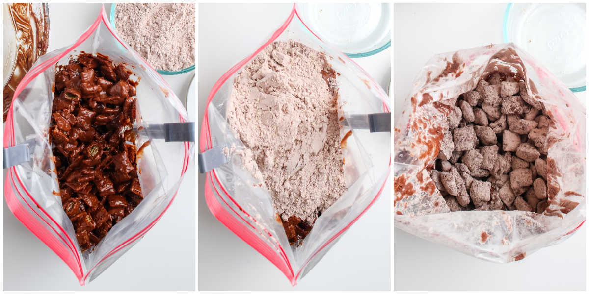 Chocolate coated Chex cereal inside a large zip top bag with a bowl of brownie mix nearby, ready for shaking to make brownie puppy chow.