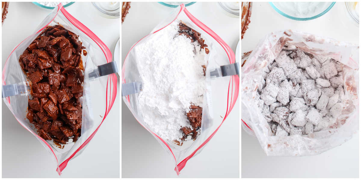 Finished brownie puppy chow inside the zip top bag after shaking, with each piece coated in brownie mix.