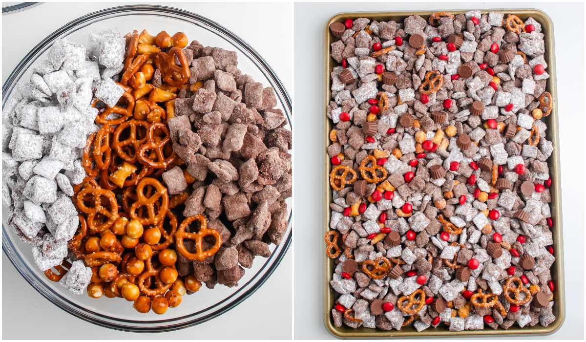 Bowl of melted chocolate, peanut butter, and butter mixed until smooth for Reindeer Chow.