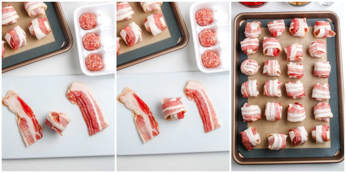 A collage showing the prep steps: raw bacon strips next to meatballs, wrapping the bacon around the meatball, and placing them seam-side down on a baking sheet.