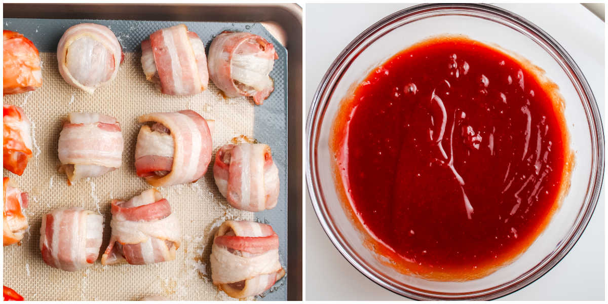 A split image showing the par-baked meatballs with crispy bacon on a baking sheet next to a glass bowl containing the smooth brown sugar and ketchup glaze.