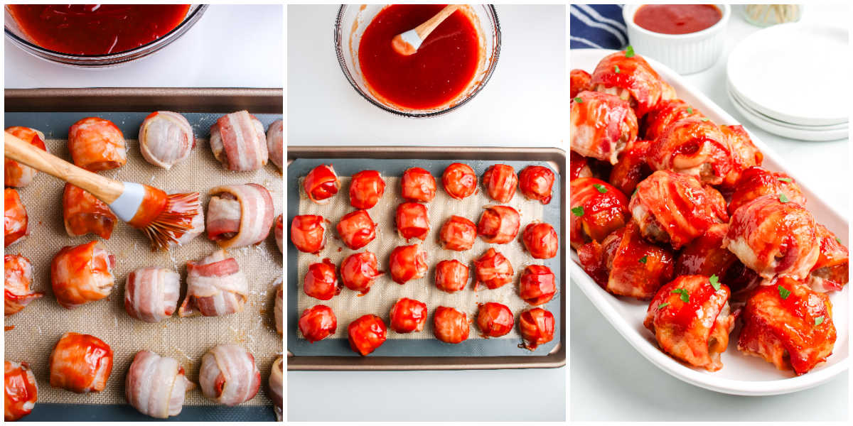 A collage showing the final steps: brushing the glaze onto the hot meatballs, the fully glazed meatballs on the baking sheet, and the finished dish served on a platter.