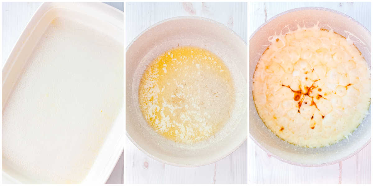 A large pot on a stovetop showing butter and large marshmallows being stirred together with a spatula into a smooth, gooey mixture.