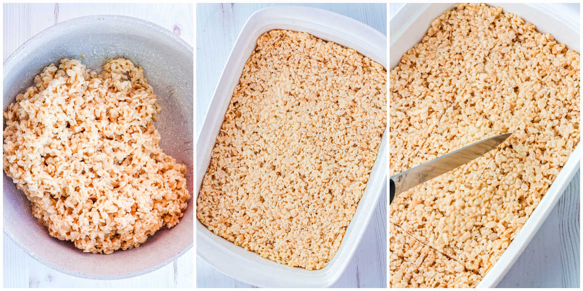 Rice Krispies cereal being folded into the melted marshmallow and vanilla mixture in a large pot.