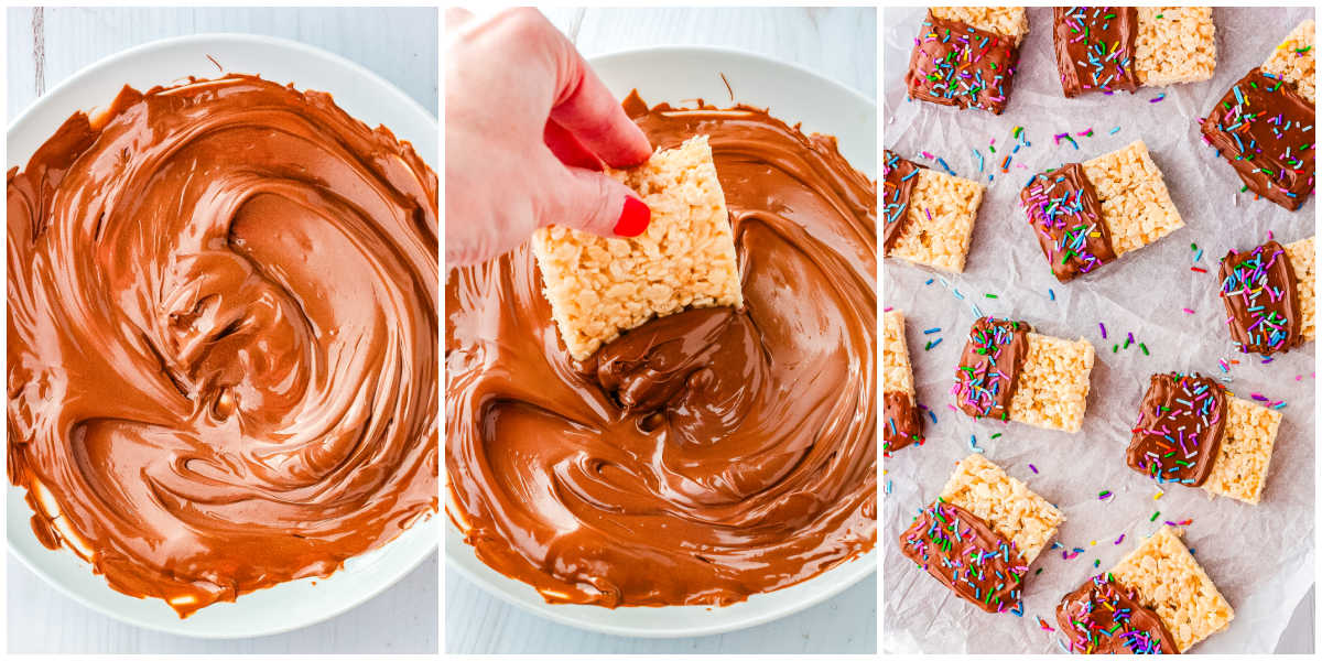 A hand holding a cut Rice Krispie treat square, dipping it into a glass bowl filled with smooth melted milk chocolate.