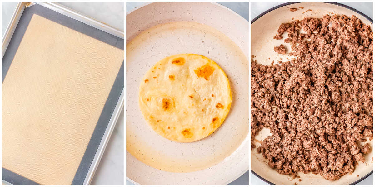 Step by step collage showing a lined baking sheet, a tortilla frying in a skillet, and browned ground beef cooking in a pan.