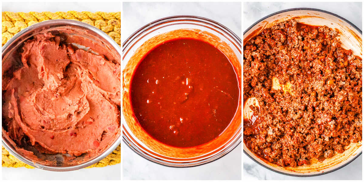 Step by step collage showing warmed refried beans in a saucepan, the homemade Mexican pizza sauce mixed in a bowl, and the ground beef coated in sauce.