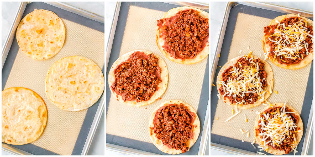 Step by step collage showing fried tortillas on a baking sheet, tortillas topped with beans and seasoned beef, and then topped with shredded cheese.
