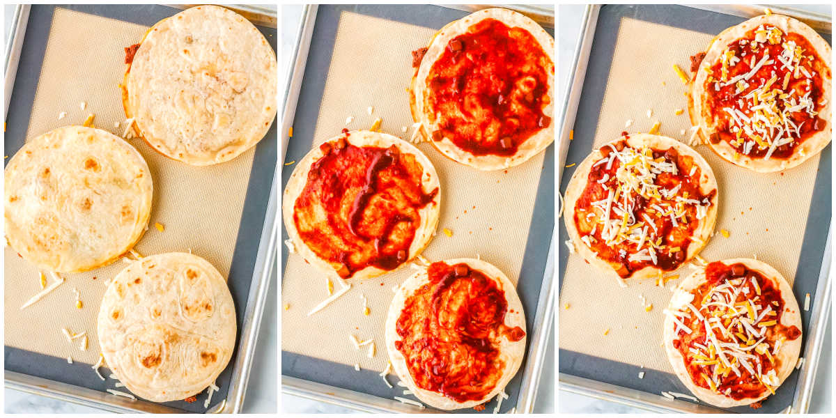 Step by step collage showing the top tortillas added, sauce spread over each Mexican pizza, and cheese sprinkled on top before baking.