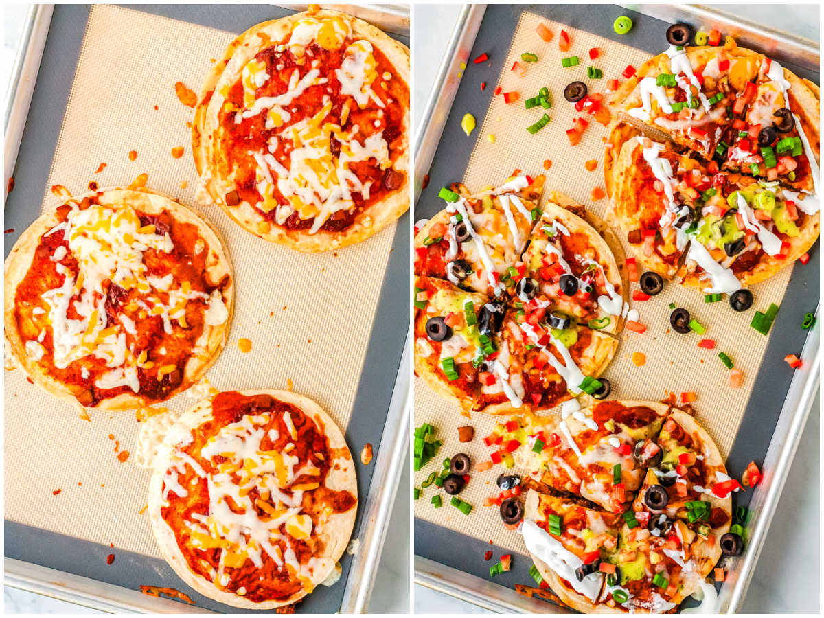 Step by step collage showing the baked Mexican pizzas on a sheet pan and the fully topped Mexican pizzas with tomatoes, olives, green onions, sour cream, and guacamole.