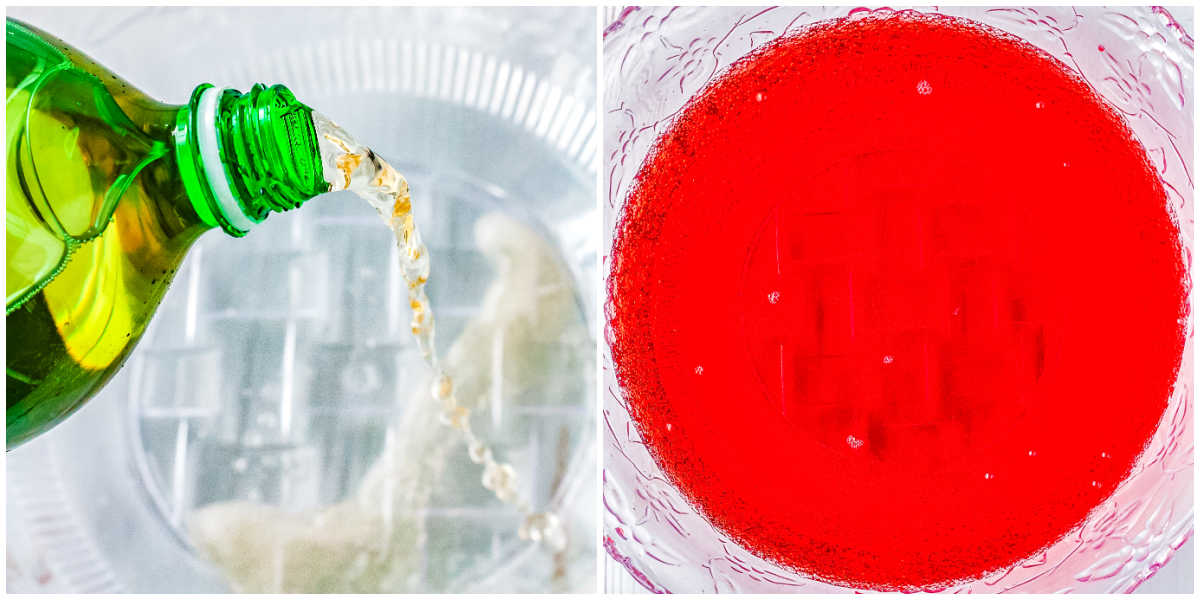 Ginger ale being poured into a clear punch bowl next to a top down view of the bright red berry soda mixture that forms the base of Polar Punch.