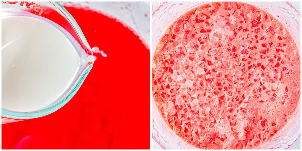 Vanilla creamer being poured into the red berry mixture beside a close up of the finished creamy Polar Punch filled with crushed ice in a glass punch bowl.
