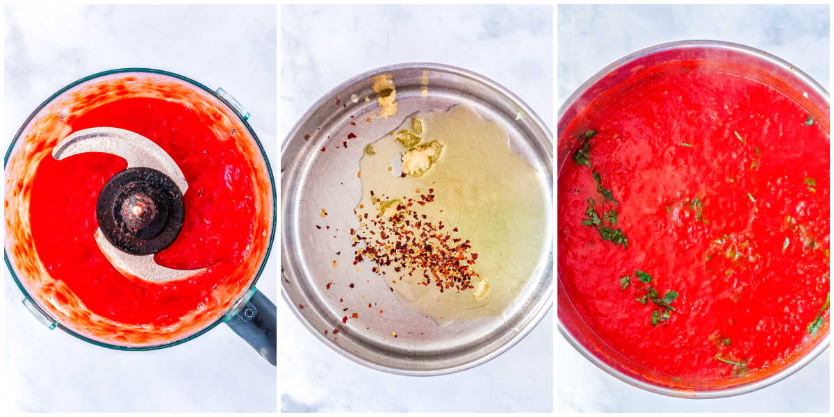 A three-step process shot showing the sauce preparation: blending the tomatoes, saut&eacute;ing garlic and red pepper flakes in a pan, and simmering the finished tomato sauce.