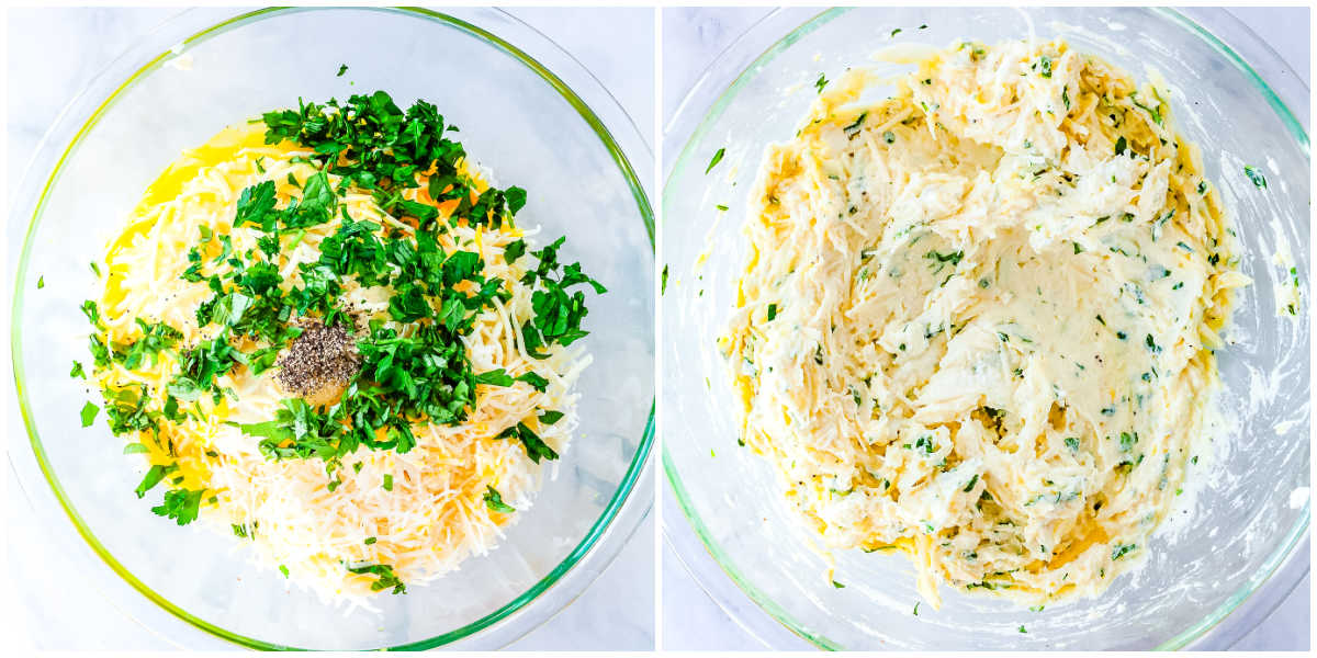 Two images showing the filling instructions: a glass bowl containing unmixed ricotta, eggs, and herbs, next to the bowl with the ingredients fully combined into a creamy filling.