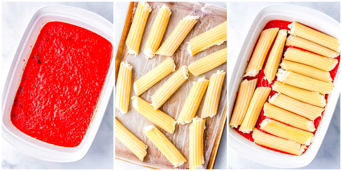 A collage showing the assembly: spreading sauce in the baking dish, the filled pasta tubes resting on a tray, and the stuffed manicotti arranged in rows inside the dish.
