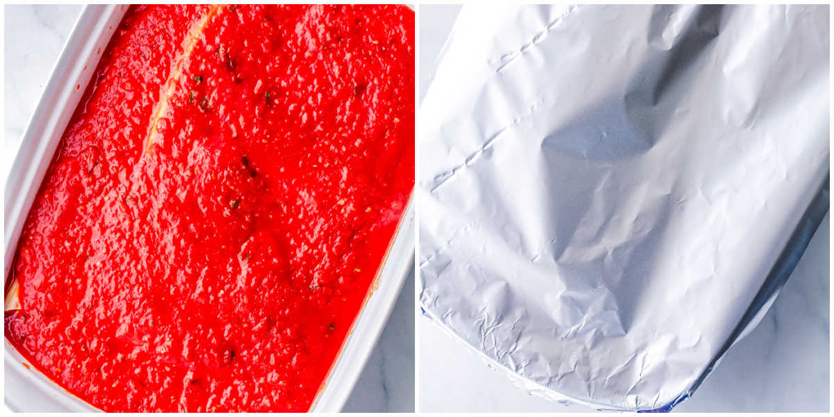 Two images showing the final steps before baking: the pasta covered completely with the remaining tomato sauce, and the baking dish wrapped tightly in aluminum foil.