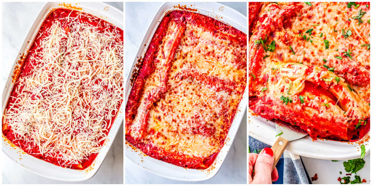 A collage showing the finishing steps: the baked pasta sprinkled with shredded cheese, the fully broiled golden-brown casserole, and a spatula lifting a serving out of the pan.