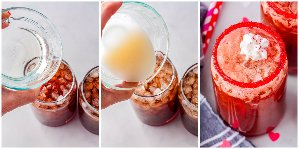 Step by step process showing Dr Pepper poured over pebble ice, followed by creamy add ins, and finished Valentine&rsquo;s dirty soda topped with whipped cream.