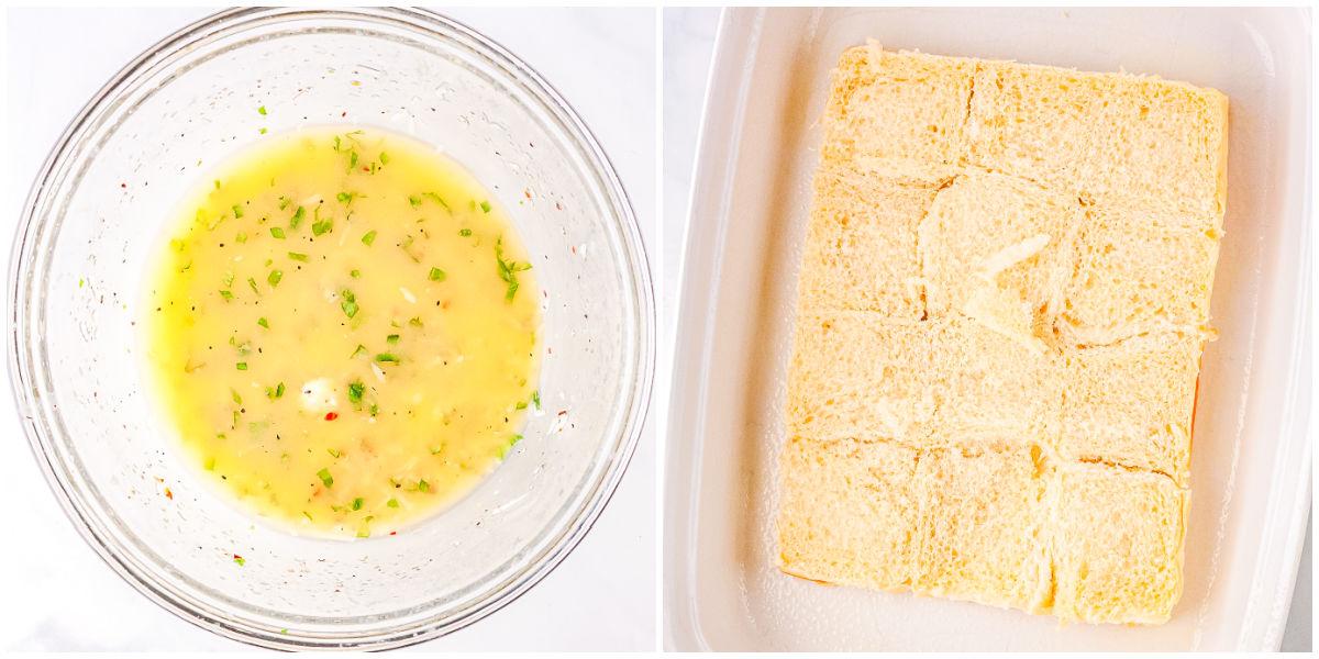 A split image showing a glass bowl filled with melted garlic butter and herbs next to a baking dish lined with the bottom halves of the rolls.