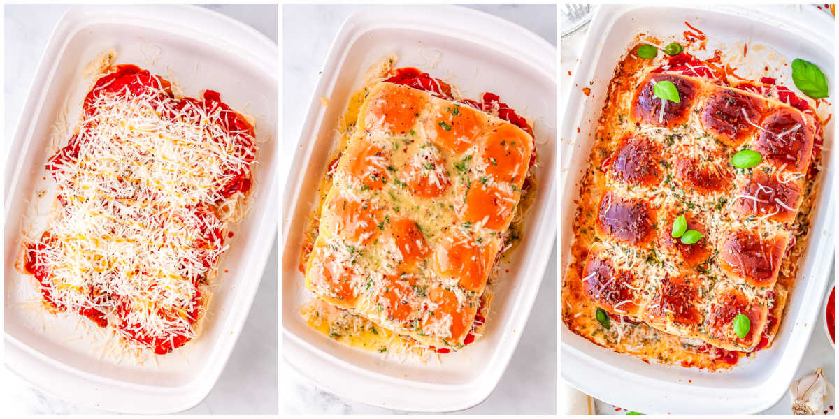 A three-step collage showing the sliders topped with marinara and cheese, the tops brushed with garlic butter, and the fully baked sliders golden brown and bubbly.