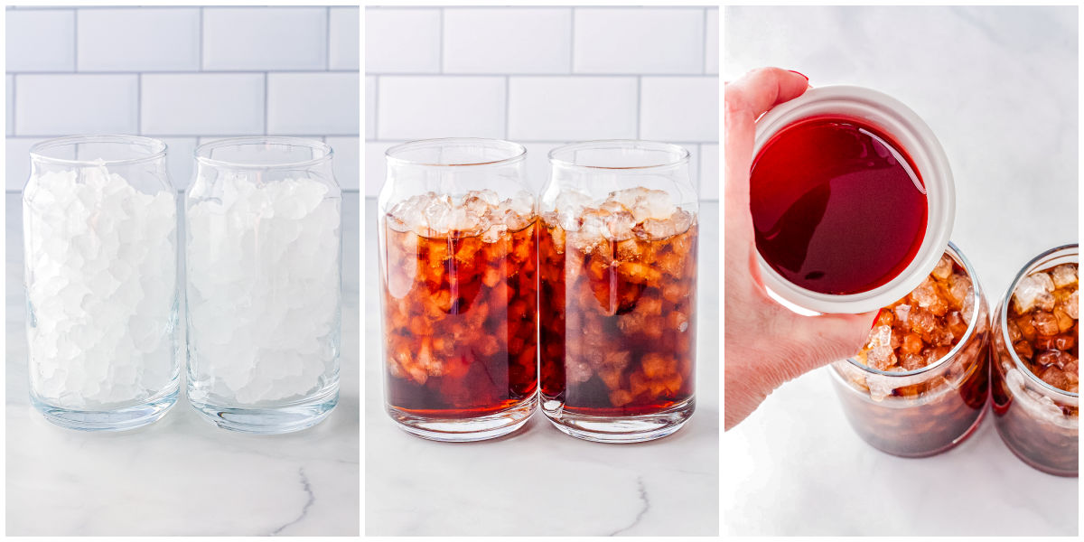 Clear glasses filled with pebble ice as Dr Pepper is poured in, showing the base of a strawberry coconut dirty soda.