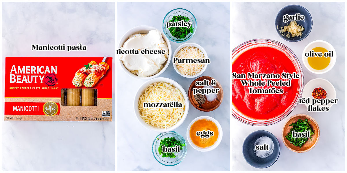 A flat lay of the ingredients needed for the recipe, including a box of manicotti pasta, bowls of ricotta, mozzarella, and Parmesan cheese, San Marzano tomatoes, and fresh herbs.