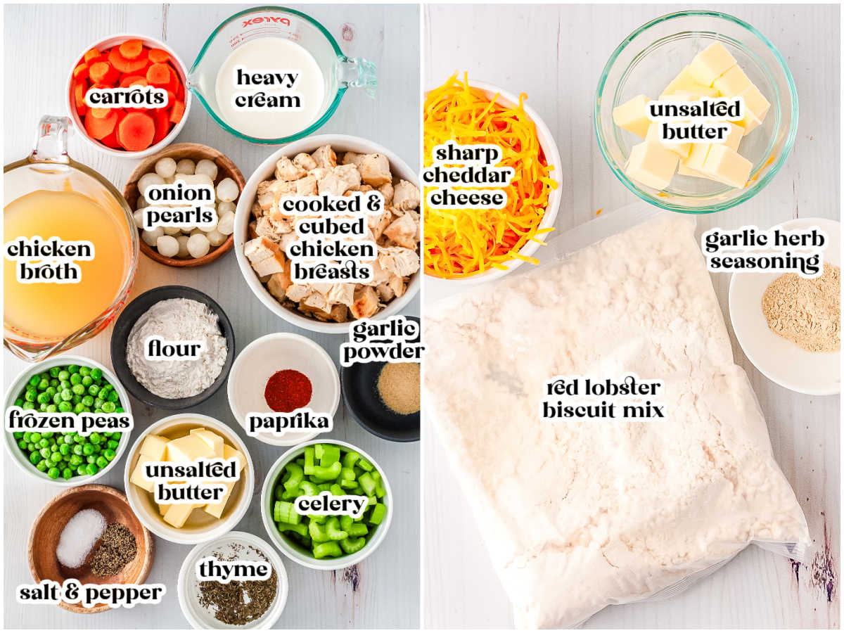 Ingredients for chicken pot pie with biscuit topping including chicken broth, heavy cream, carrots, peas, cooked chicken, cheddar cheese, and biscuit mix.