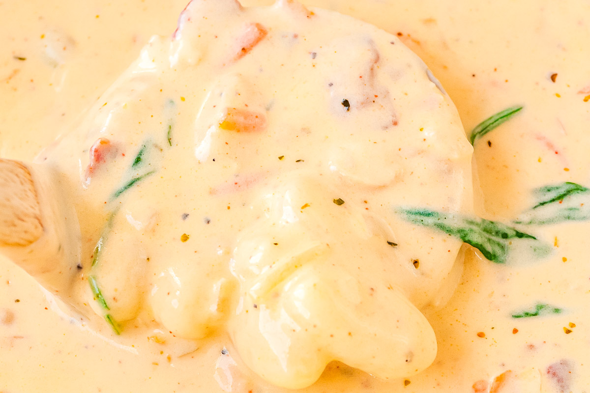 A close-up shot of a ladle lifting a scoop of thick soup from the pot, showing the pillowy gnocchi, spinach, and carrots coated in the cheese sauce.