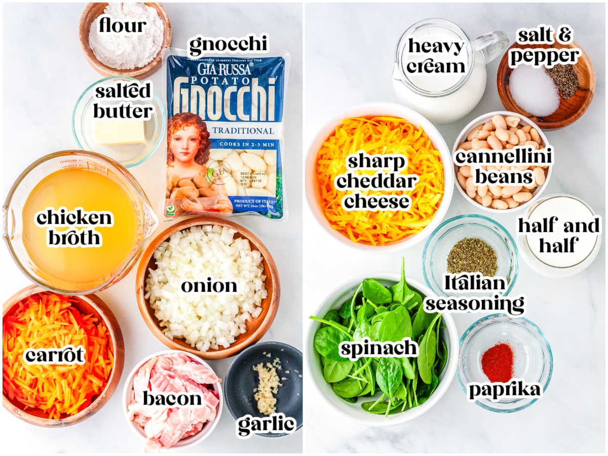 A flat lay of the ingredients needed for the soup, including a package of potato gnocchi, sharp cheddar cheese, thick-cut bacon, fresh spinach, heavy cream, and vegetables.
