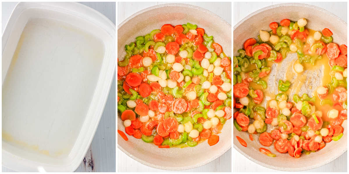 Step by step images showing greased baking dish and vegetables saut&eacute;ing in butter for chicken pot pie filling.