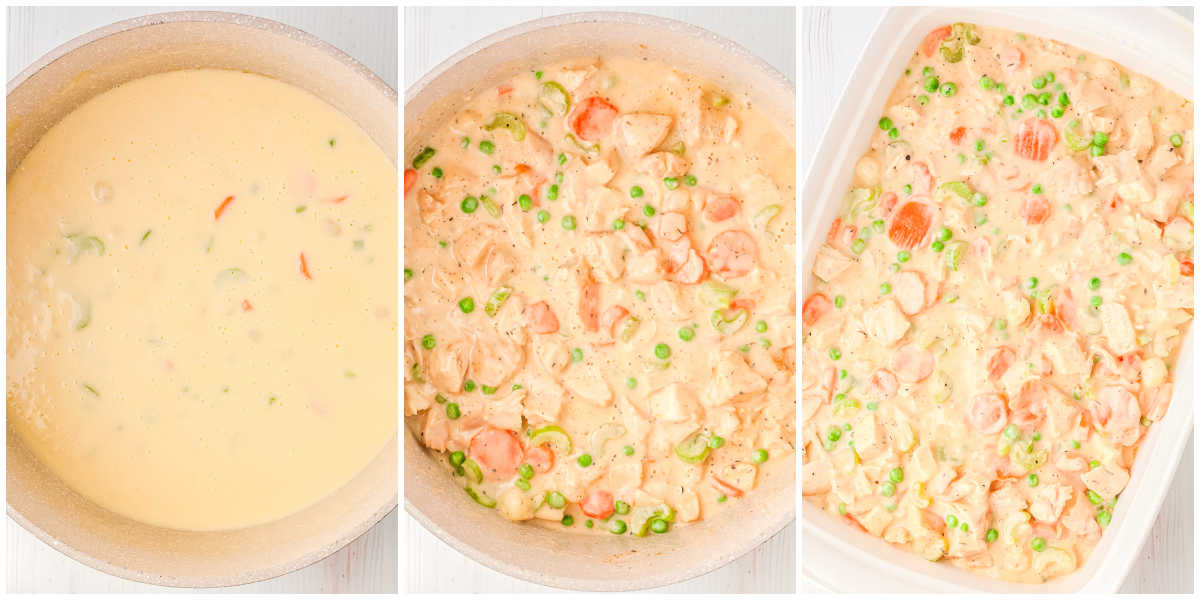 Creamy chicken pot pie filling in skillet with peas, carrots, celery, and cooked chicken before transferring to baking dish.